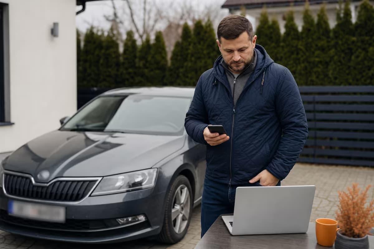 Sprzedający przygotowuje ogłoszenie samochodu przy laptopie stojąc obok auta