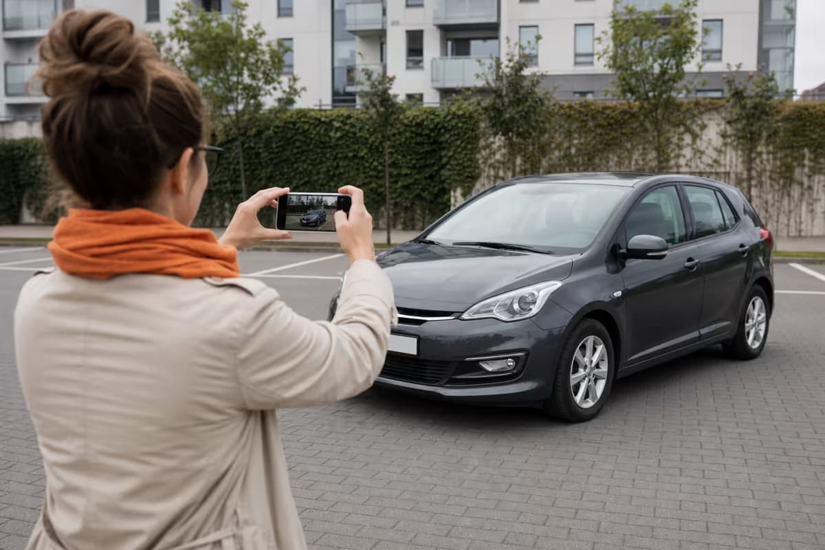Osoba fotografuje samochód telefonem w równym dziennym świetle